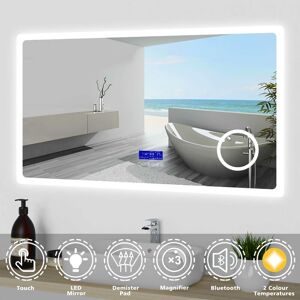 AICA SANITAIRE Bathroom Mirror led Illuminated Lights with Bluetooth Speaker Clock Demister Pad - White