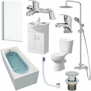 Essentials Bathroom Suite 1500mm Single Ended Bath Screen Toilet Basin Vanity Taps Shower - White
