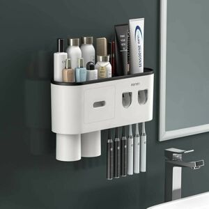 HOOPZI Double Automatic Toothpaste Dispenser with Toothbrush Holder, Large Storage Organizer with 6 Toothbrush Slots, Cosmetic Storage Drawer (2 Cups)