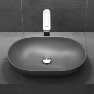 Durovin Bathrooms - Stone Resin Bathroom Basin - Countertop Mount Oval Shape Bathroom Sink - Grey Matte Finish 540 x 340mm (WxD)