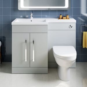 ELEGANT 1100mm l Shape Bathroom Vanity Sink Unit Furniture Storage,Right Hand Matte Grey Vanity unit + Basin + Ceramic d shaped Toilet with Concealed Cistern