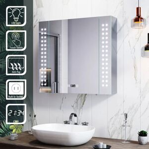 Led Illuminated Bathroom Mirror Cabinet Smart with Shaver Scocket Demester Pad Clock Dispaly Glass Shelves 2 Door Storage 650 x 600 x 130 mm - Elegant