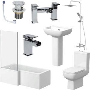 AFFINE L Shaped Bathroom Suite lh Bath Screen Shower Basin Toilet Tap - White