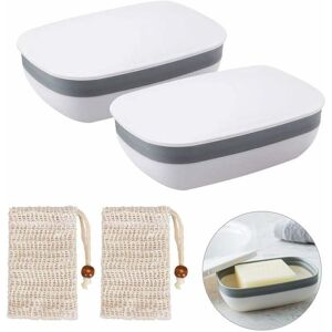 2Pcs Plastic Soap Dish Soap Box for Bathroom Travel Hiking Camping with 2pcs Sisal Soap Bag (White) - Langray