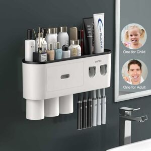 Langray - Double Automatic Toothpaste Dispenser with Toothbrush Holder, Large Storage Organizer with 6 Toothbrush Slots, Cosmetic Storage Drawer (3