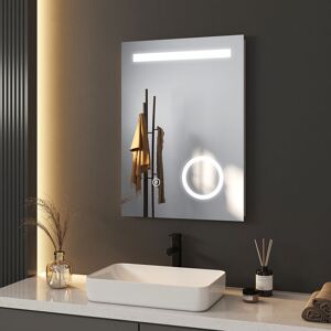 Meykoers - 70x50cm led Illuminated Bathroom Mirror with Demister Pad and button, Wall Mounted led Bathroom Mirror with 2 colors lights and Shaver