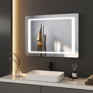 Illuminated Bathroom Mirror 80x60cm Wall-Mounted Cool White Light led Vanity Mirror with Demister, Sensor switch & Shaver socket - Meykoers