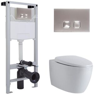 Milano Altham - White Ceramic Modern Bathroom Wall Hung Round Rimless Toilet wc with Tall Wall Frame&44 Cistern and Flush Plate - Square Chrome Flush Plate