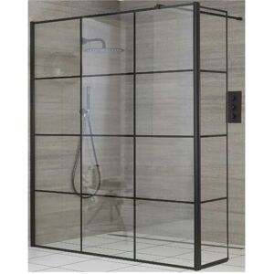 Milano Barq - 800mm Black Recessed Walk In Wet Room Shower Enclosure with Grid Pattern Screen&44 Hinged Return Panel and Support Arm - 800mm Stainless Steel