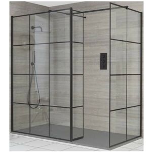 Milano Barq - Black Corner Walk In Wet Room Shower Enclosure with Grid Pattern Screens&44 Hinged Return Panel&44 Support Arms and Light Grey Slate Effect