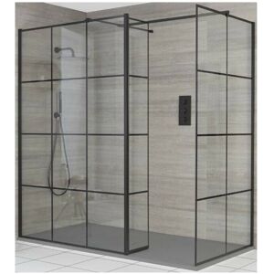 Milano Barq - Black Corner Walk In Wet Room Shower Enclosure with Grid Pattern Screens&44 Hinged Return Panel&44 Support Arms and Light Grey Slate