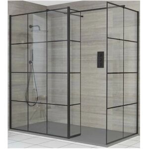 Milano Barq - Black Corner Walk In Wet Room Shower Enclosure with Grid Pattern Screens&44 Hinged Return Panel&44 Support Arms and Light Grey Slate Effect