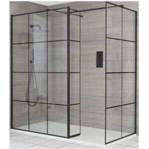 Milano Barq - Black Corner Walk In Wet Room Shower Enclosure with Grid Pattern Screens&44 Hinged Return Panel&44 Support Arms and White Slate Effect Tray