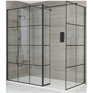 Milano Barq - Black Corner Walk In Wet Room Shower Enclosure with Grid Pattern Screens&44 Hinged Return Panel&44 Support Arms and White Slate Effect