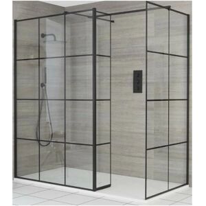 Milano Barq - Black Corner Walk In Wet Room Shower Enclosure with Grid Pattern Screens&44 Hinged Return Panel&44 Support Arms and White Slate Effect Tray