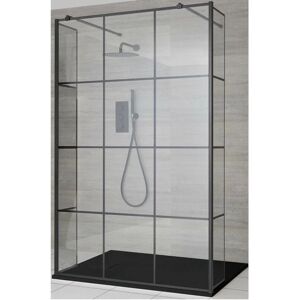 Milano Barq - Black Floating Glass Walk In Wet Room Shower Enclosure with Grid Pattern Screen&44 Hinged Return Panels&44 Support Arms and Graphite Slate