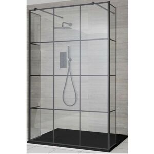 Milano Barq - Black Floating Glass Walk In Wet Room Shower Enclosure with Grid Pattern Screen&44 Hinged Return Panels&44 Support Arms and Graphite Slate