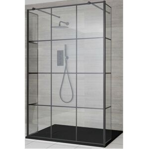 Milano Barq - Black Floating Glass Walk In Wet Room Shower Enclosure with Grid Pattern Screen&44 Hinged Return Panels&44 Support Arms and Graphite Slate