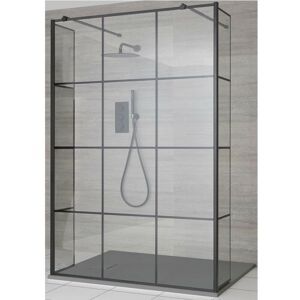 Milano Barq - Black Floating Glass Walk In Wet Room Shower Enclosure with Grid Pattern Screen&44 Hinged Return Panels&44 Support Arms and Light Grey Slate