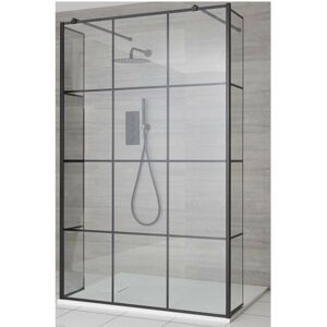 Milano Barq - Black Floating Glass Walk In Wet Room Shower Enclosure with Grid Pattern Screen&44 Hinged Return Panels&44 Support Arms and White Slate Effect