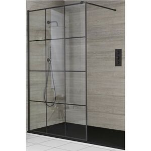 Milano Barq - Black Recessed Walk In Wet Room Shower Enclosure with Grid Pattern Screen&44 Support Arm and Graphite Slate Effect Tray - 1100mm x 700mm