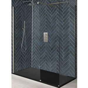 Milano Hunston - Brushed Nickel Corner Walk In Wet Room Shower Enclosure with Screens&44 Support Arms and Graphite Slate Effect Tray - 1800mm x 900mm