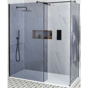 Milano Nero-Luna - Black Corner Walk In Frameless Wet Room Shower Enclosure with Smoked Glass Screens and Hinged Return Panel&44 Support Arms and White