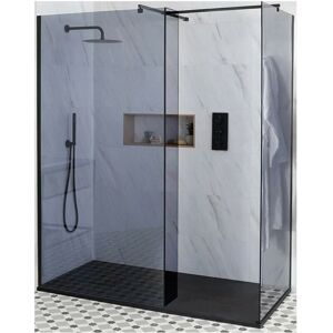 Milano Nero-Luna - Black Corner Walk In Frameless Wet Room Shower Enclosure with Smoked Glass Screens and Hinged Return Panel&44 Support Arms and Graphite