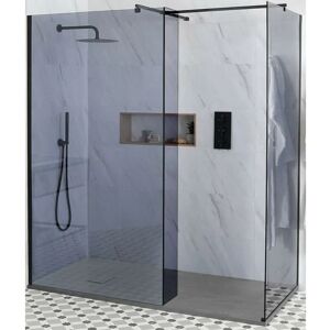 Milano Nero-Luna - Black Corner Walk In Frameless Wet Room Shower Enclosure with Smoked Glass Screens and Hinged Return Panel&44 Support Arms and Light Grey