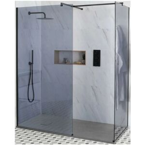 Milano Nero-Luna - Black Corner Walk In Frameless Wet Room Shower Enclosure with Smoked Glass Screens&44 Support Arms and Light Grey Slate Effect Tray