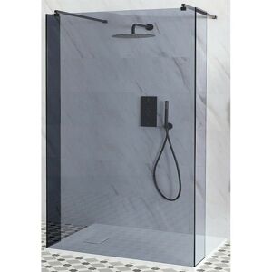 Milano Nero-Luna - Black Floating Walk In Frameless Wet Room Shower Enclosure with Smoked Glass Screen&44 Return Panels&44 Support Arms and White Slate