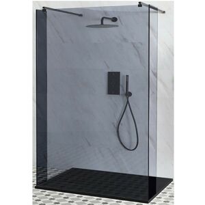 Milano Nero-Luna - Black Floating Walk In Frameless Wet Room Shower Enclosure with Smoked Glass Screen&44 Return Panels&44 Support Arms and Graphite Slate