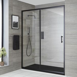 Nero - Black Reversible Walk In Wet Room Sliding Door Shower Enclosure with Graphite Slate Effect Tray and Fast Flow Waste - 1500mm x 800mm - Milano