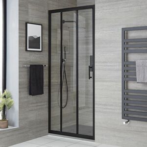 Milano Nero - Black Reversible Walk In Wet Room Triple Sliding Door Shower Enclosure with Light Grey Slate Effect Tray and Fast Flow Waste - 900mm x 1800mm