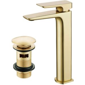 NES HOME Modern Countertop Brushed Brass Tall Square Basin Mono Mixer Tap + Waste