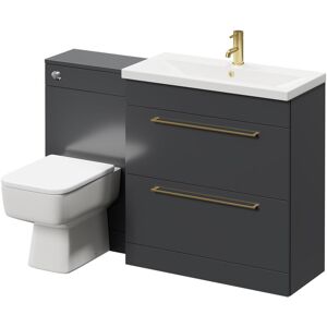 390 Gloss Grey 1300mm Vanity Unit Toilet Suite with 1 Tap Hole Basin and 2 Drawers with Brushed Brass Handles - Gloss Grey - Napoli