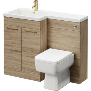 NAPOLI Combination Bordalino Oak 1100mm Vanity Unit Toilet Suite with Left Hand l Shaped 1 Tap Hole Basin and 2 Doors with Brushed Brass Handles - Bordalino