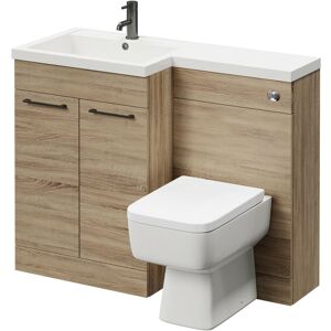 Napoli Combination Bordalino Oak 1100mm Vanity Unit Toilet Suite with Left Hand L Shaped 1 Tap Hole Basin and 2 Doors with Gunmetal Grey Handles