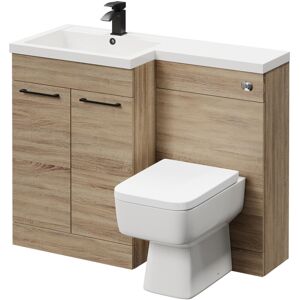 NAPOLI Combination Bordalino Oak 1100mm Vanity Unit Toilet Suite with Left Hand l Shaped 1 Tap Hole Basin and 2 Doors with Matt Black Handles - Bordalino