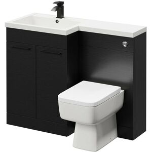 Combination Nero Oak 1100mm Vanity Unit Toilet Suite with Left Hand l Shaped 1 Tap Hole Basin and 2 Doors with Matt Black Handles - Nero Oak - Napoli