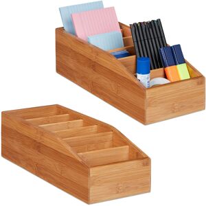 Relaxdays - 2x Bamboo Storage Box, 6 Compartments, Office, Bathroom or Kitchen Organiser, HxWxD: 10x14x35cm, Natural