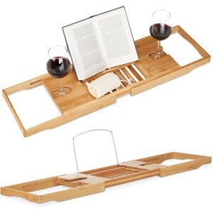 2x Extendable Bathtub Caddy, Bamboo Bathroom Rack with Bookstand, Cup Holder, Adjustable 70 - 105 cm, Natural - Relaxdays