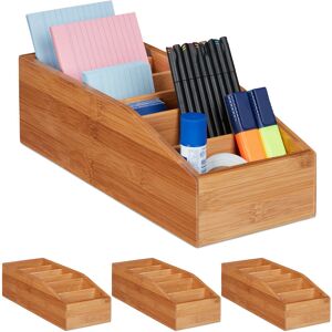 Relaxdays - 4x Bamboo Storage Box, 6 Compartments, Office, Bathroom or Kitchen Organiser, HxWxD: 10x14x35cm, Natural