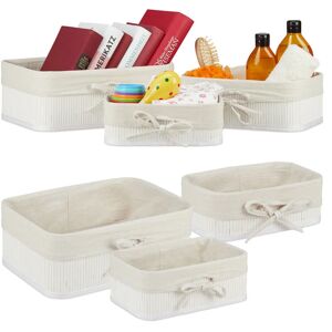 6x Storage Basket, Bathroom Storage Boxes in 3 Sizes, Bamboo & Polyester, Multipurpose, Stackable, White/Creme - Relaxdays