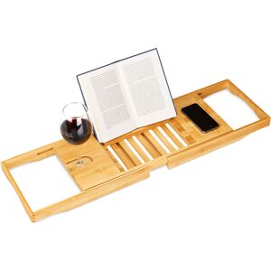 Bamboo Bathtub Tray with Book Support, HxWxD 17.5 x 70 x 22 cm, Wine Glass Holder, Bath Caddy, Shelf, Natural Brown - Relaxdays