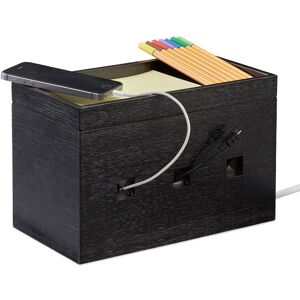 Bamboo Cable Box, Hide Lead Extensions & Cables, Desk Organiser, 16.5x25.5x14cm, Black - Relaxdays