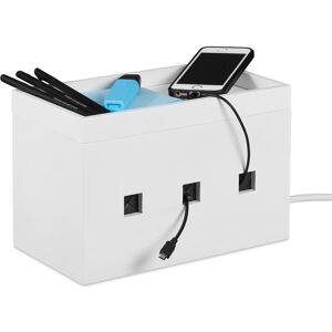 Bamboo Cable Box, Hide Lead Extensions & Cables, Desk Organiser, 16.5x25.5x14cm, White - Relaxdays