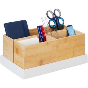 Relaxdays - Bamboo Organiser, 4-Piece Set, Desk Utensils, Cosmetics, for Office, Bathroom, Storage Tray, Natural/White