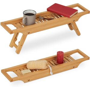 Bathtub Tray, Bamboo, Height Adjustable, Caddy with Fold-Out Legs, Rack for Soap, Candles or Books, Natural - Relaxdays