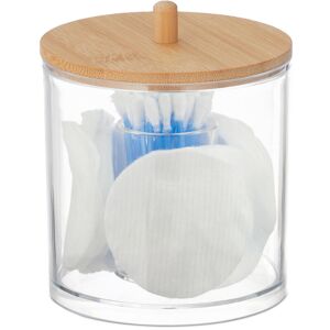 Cotton Pads & Buds Container, Divided Plastic Organiser with Bamboo Lid, HxØ: 11 x 10 cm, Transparent/Natural - Relaxdays